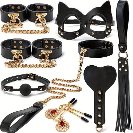 8pcs Leather Cat Ear Mask Set. Sexy Nipple Clip. Wrist Handcuffs. Collar. Drawstring. Edge Whip. Mouth Ball. Love Game Accessories. Sex Toys. Perfect Holiday Gift