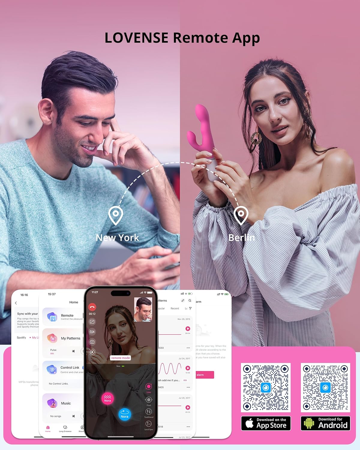 LOVENSE Nora Rabbit Vibrator พร้อม APP Control อุปกรณ์สั่นกระต่ายสีชมพู พร้อมมอเตอร์คู่ อุปกรณ์กระตุ้นต่อนยอน ดิลโด้นวด ของเล่นทางเพศสำหรับผู้หญิงไร้สาย พร้อมสมาร์ทโฟน