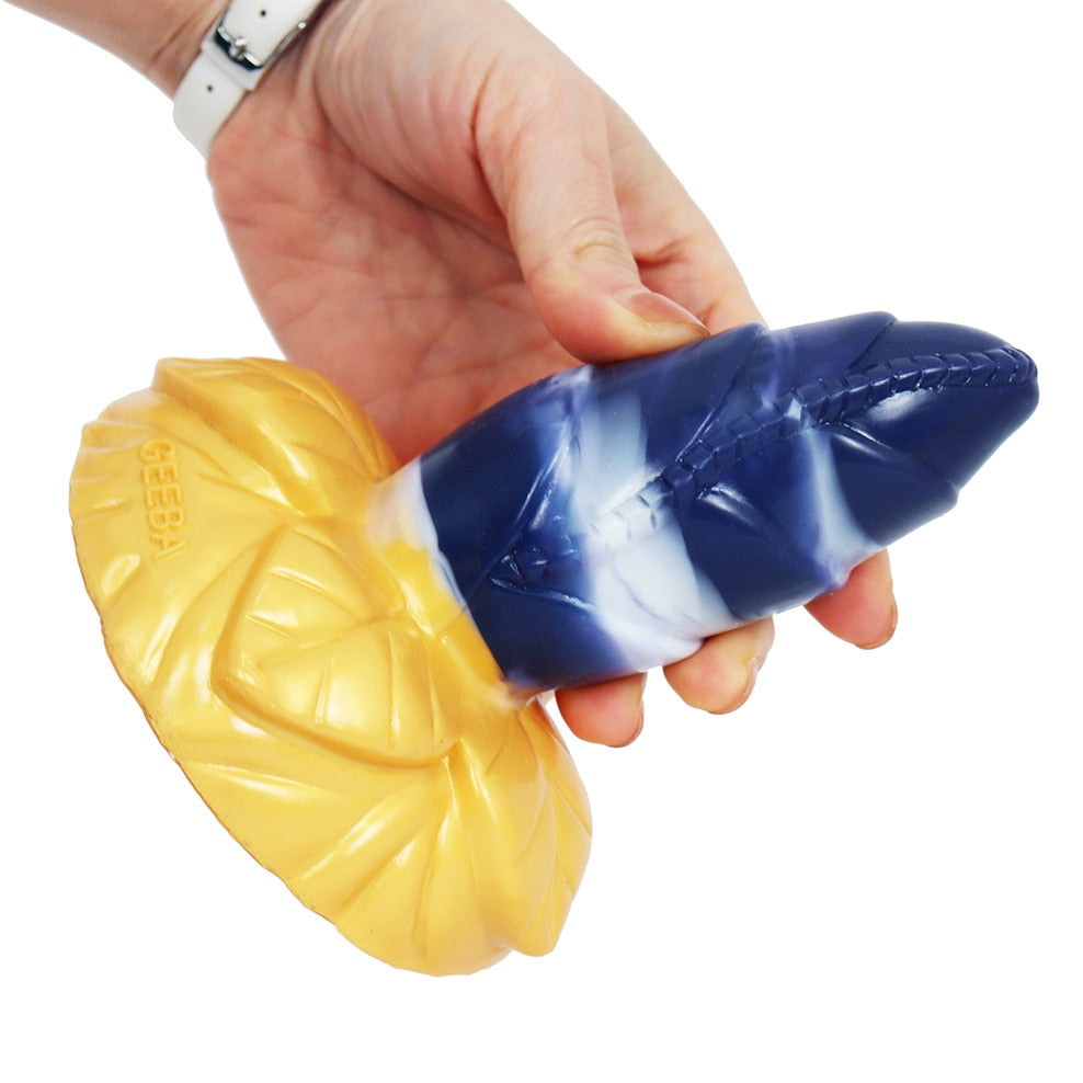 FAAK Large Base Butt Plug Blue and Gold Bud Shape Ribbed Anal Sex Toys with Suction Cup Adult Erotic Products Couple Flirting