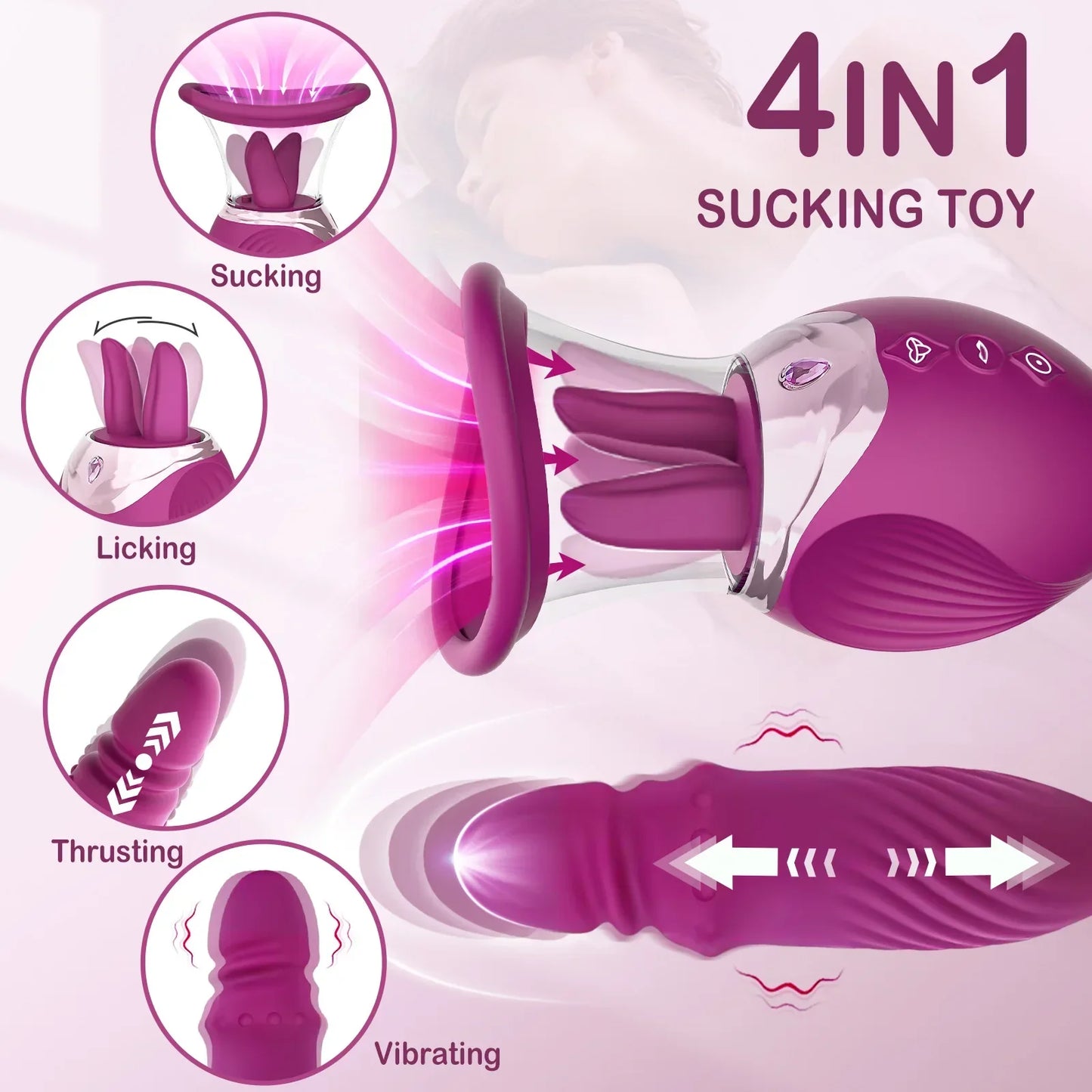 เครื่องนวดกระตุ้นแบบสั่นรูปดอกกุหลาบ 4-in-1 สำหรับผู้หญิง ดิลโด้แบบสั่นหัว G จุดกระตุ้นหัวนมและคลิตอริส ไข่สั่น ของเล่นทางเพศสำหรับผู้ใหญ่