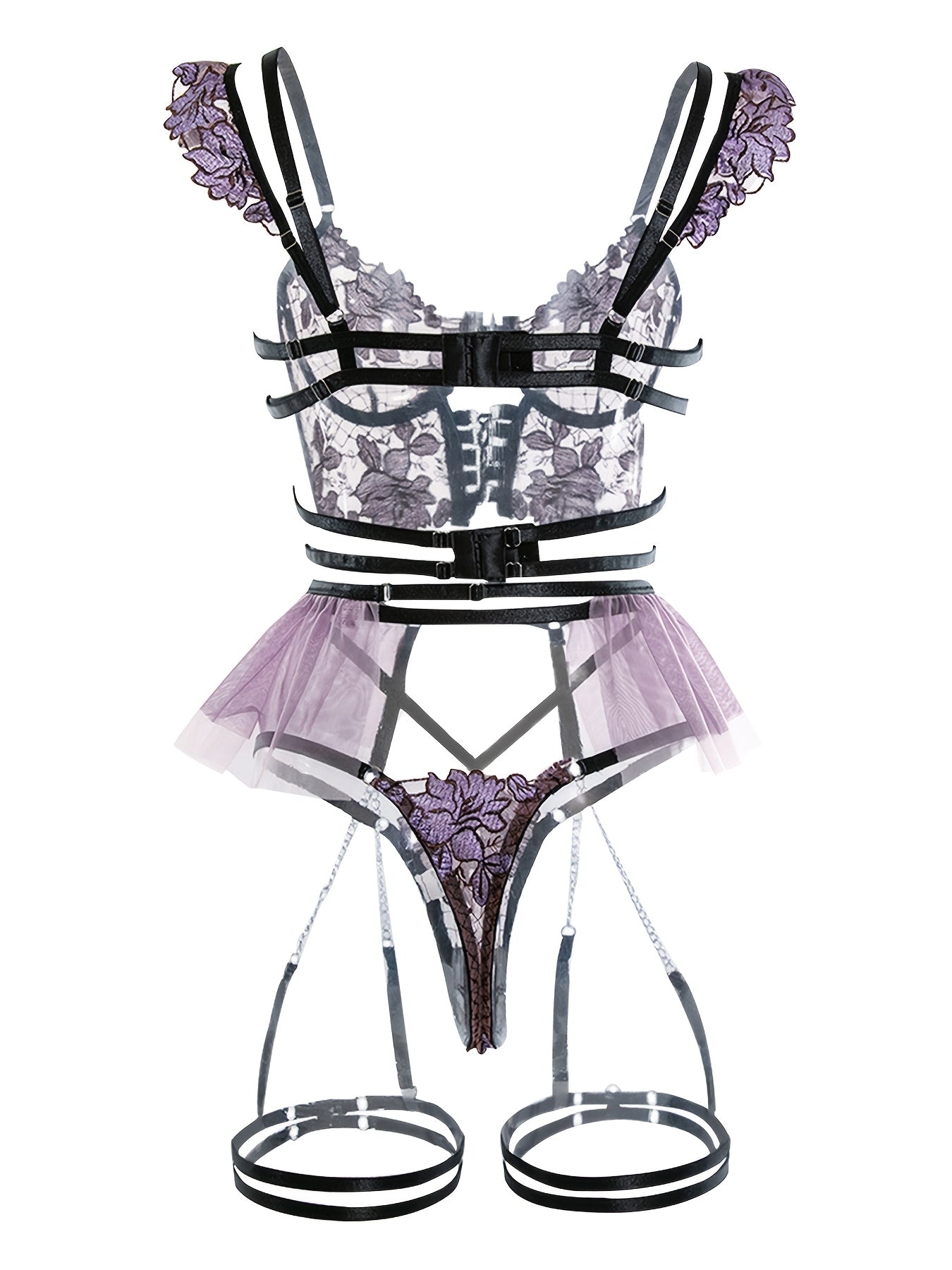 Women's Seductive Sheer Gauze Fishnet Lingerie Set with Floral Embroidery - V Neck Open Back Off The Shoulder Comfortable Bra with Underwire & Thong & Waistband with Chain Garter Belt - Perfect for Uniform Temptation