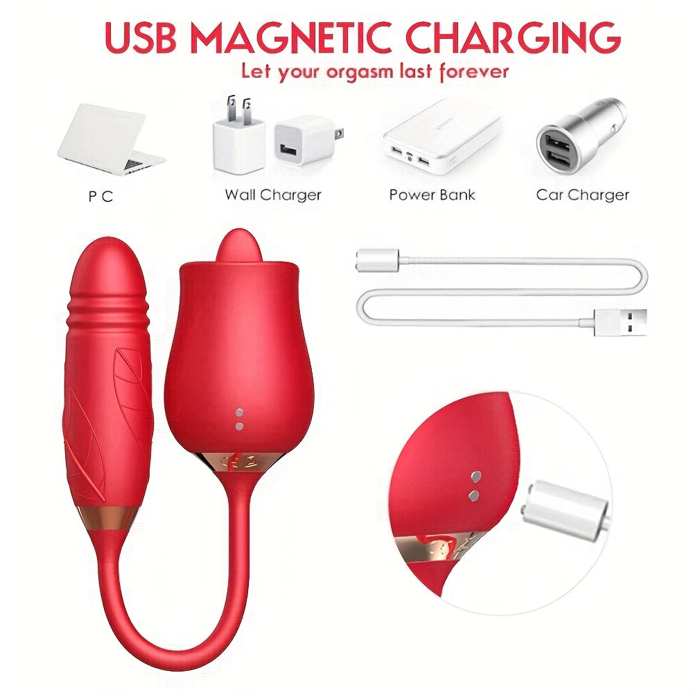 Rose Toy Vibrator For Women. 3 In 1 Clitoral Stimulator Tongue Licking Thrusting G Spot Dildo Vibrator With 10 Modes. Vaginal Anal Masturbation Massager. Rose Adult Sex Toys Games. Clit Nipple Licker For Women Man Couples